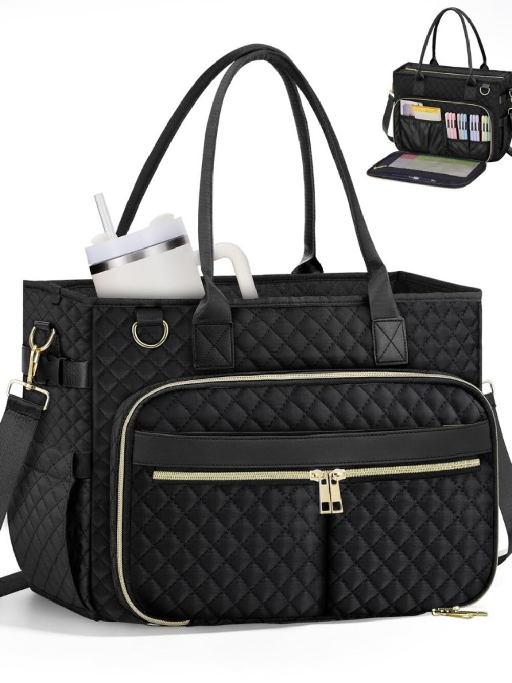 Teacher Tote Bag for Women with Laptop Compartment, Large Cup Holder, Zip
